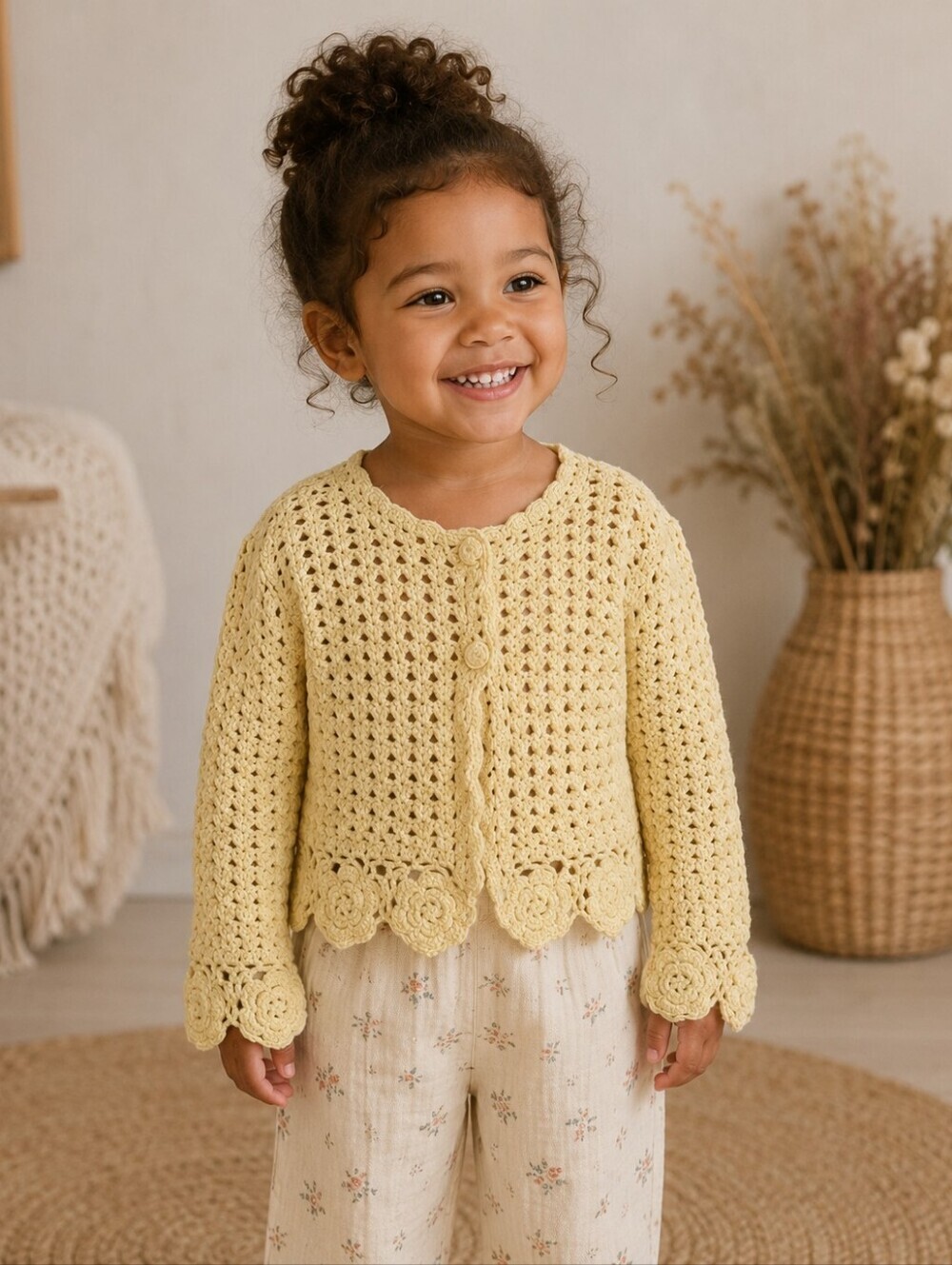H&M Yellow Crochet Cardigan Floral Scallop Hem Toddler Girls Size 2-3 Boho